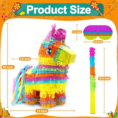 16 Cinco de Mayo Pinata, Large Rainbow Color Donkey Pinata 16 x 13 x 5.5 ln with Stick and Blindfold for Fiestas Mexican Party Decoration, Photo Prop, Taco Tuesday Event
