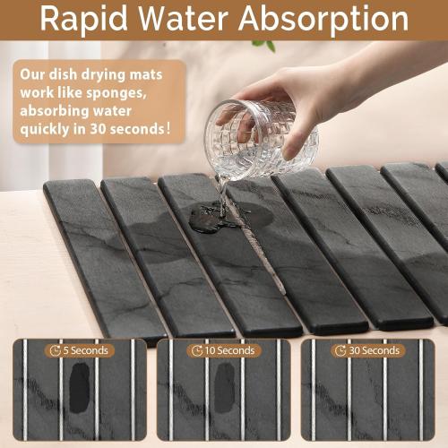 Large Stone Dish Drying Mat for Kitchen Counter, Quick Dry Stone Dishes Mats,Foldable Water Absorbing Diatomaceous Earth Drying Organizer Pad for Plate Rack Bottles Utensils(Dark Gray 24×16 & 8x4)
