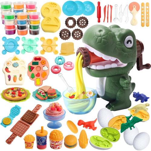 Dinosaur Color Dough Kitchen Creation Set, Noodle Maker Machine, 5 Dino Egg Models, Food Modeling Play Toys, Deluxe Tools Kit for Boys Girls Kids Toddlers Ages 3  (24 Colors Dough)