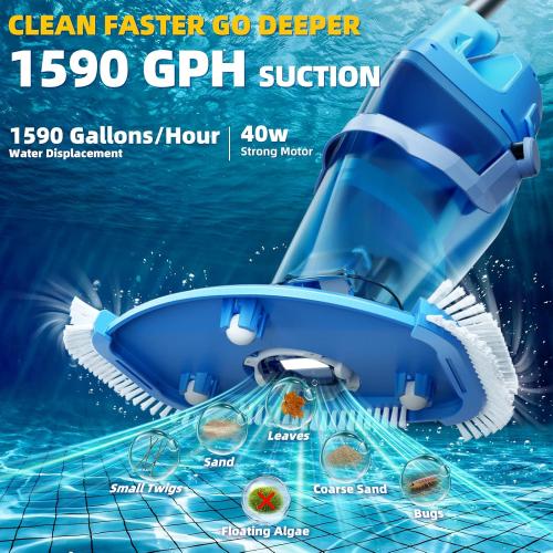 Cordless Pool Vacuum Above & Inground Pools, Powerful 1590 GPH Suction,Handheld Telescopic Pole up to 85.45, 1H Runtime, 2L Debris Bin, Rechargeable Pool Cleaner for Spas & Hot Tubs