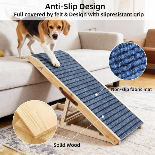 ZJSF Foldable Wooden Dog Ramp for High Bed, Dog Stairs for Small Dogs, High Traction Platform with 6 Adjustable Heights (14-28), 48 L, Supports up to 200 lbs
