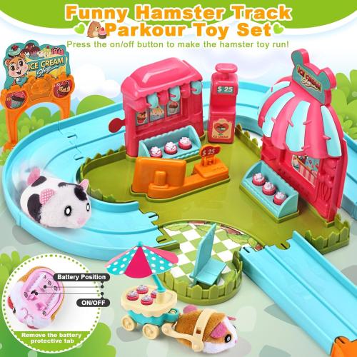 Hamster Car Track Toys for Kids - Pretend Play Ice Cream Theme Educational Track Car Games Set with 2 Mini Hamster Toys & Accessories, Birthday Gift for 3 4 5 6 7 Year Old Toddlers Boys Girls