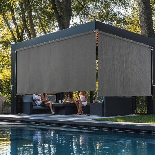 Outdoor Roller Shades，Cordless Patio Roller Up Blinds with Shade Cloth for Porch Gazebo Pergola Balcony Backyard，2 Poles & 1 Fabric，Grey，72 Wx96 H