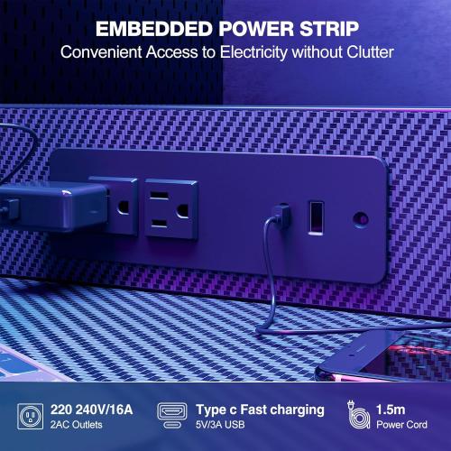 Grandder Gaming Desk 40 Inch with Power Outlet and LED Light, Computer Desk with Reversible Shelves and Storage Drawer, Pc Small Desk for Home Office Table with Bag, Carbon Fiber Black