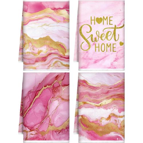 Geyoga 4 Pcs Marble Kitchen Dish Towels Pink and Gold Bathroom Hand Towels Absorbent Marble Tea Washcloths for Winter Spring Bathroom Decor Kitchen Accessories Gifts