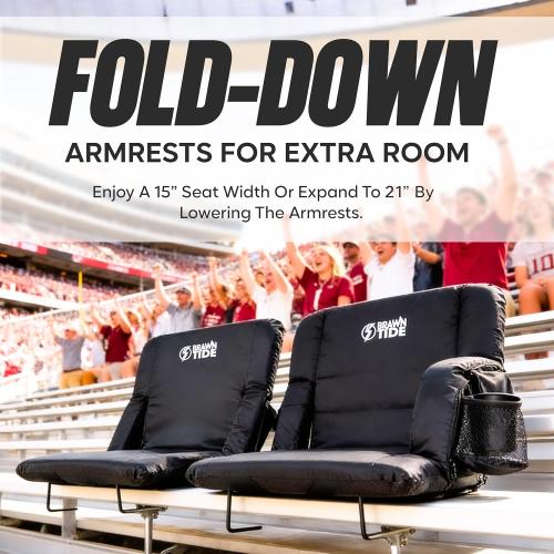 BRAWNTIDE Stadium Seat for Bleachers with Back Support - Wide Padded Reclining Bleacher Seat, Portable Folding Stadium Chair with Armrests, Hooks, Straps, Cup Holders & Pockets (Black, 21, 2 Pack)