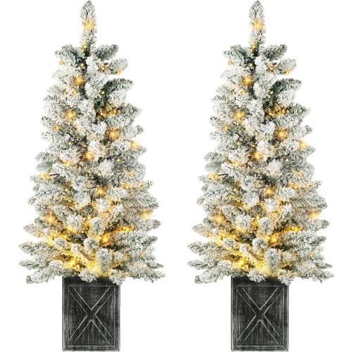 4FT Prelit Christmas Tree 2-Pack Snow Flocked Artificial Potted Christmas Tree with 100 Warm White LEDs Battery Powered & 8 Lighting Modes for Xmas Porch Entrance Decorations