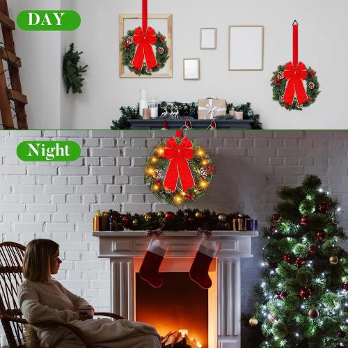 Ceenna Set of 6 Prelit Lighted Christmas Wreath 15 Inch Prelit Christmas Wreath with Large Buffalo Bow Battery Operated with 8 Modes Timer Remote Holiday Indoor Outdoor Decor(Retro)