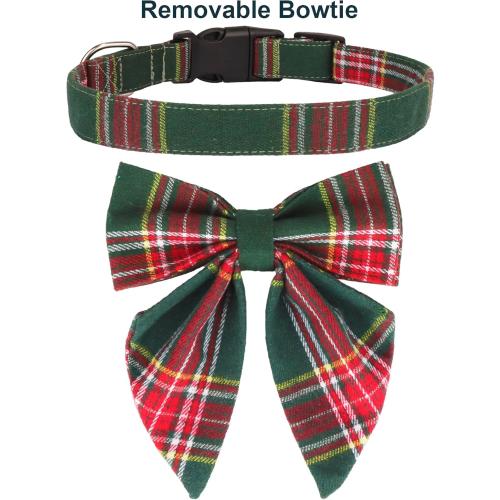 ADOGGYGO Christmas Dog Collar with Bow, Plaid Xmas Dog Bowtie Collar, Adjustable Green Pet Christmas Collars for Small Medium Large Dogs (Medium)