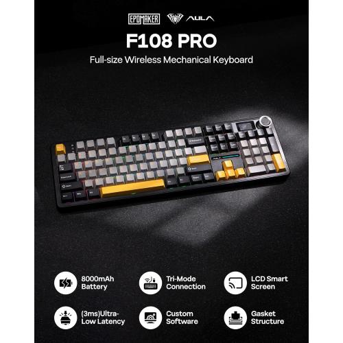 EPOMAKER X Aula F108 PRO Wireless Gaming Keyboard with Screen, 8000mAh Battery, 104 Hot-Swappable and Programmable Keys and Knob, RGB Backlight, for Mac/PC/Android (Grey&Yellow)