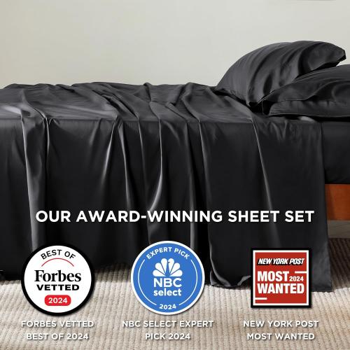 Bedsure Queen Sheets, Rayon Derived from Bamboo, Queen Cooling Sheet Set, Deep Pocket Up to 16, Breathable & Soft Bed Sheets, Hotel Luxury Silky Bedding Sheets & Pillowcases, Black