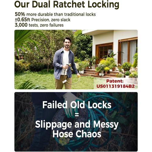 Retractable Garden Hose Reel 5/8 in x 65 ft, 2025 Upgraded Dual Ratchet Lock UV & Freeze Protection Brass Seal Slow Retraction Anti-Tangle Hose 180°Swivel Reinforced Scaffold Wall Mount