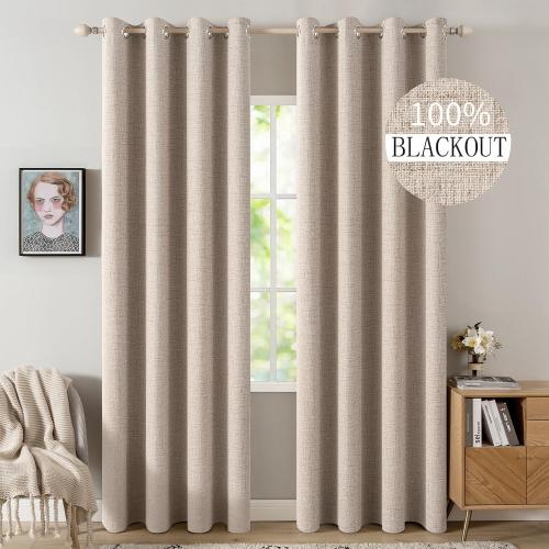 MIULEE 100% Blackout Linen Textured Curtains for Bedroom Solid Thermal Insulated Natural Beige Grommet Room Darkening Curtains & Drapes Luxury Decor for Living Room Nursery 52 x 84 Inch (2 Panels)