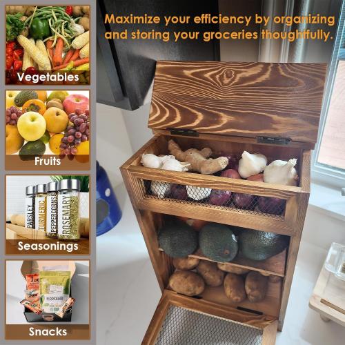 Ikee Design Free Assemble Wooden Countertop Potato and Onion Storage Bin Box,Countertop Cabinet, Wooden Bread Boxes, Potato Storage, Coffee Station,11.8W x 6.8D x 16H in, Rustic Color