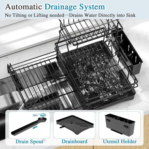 2 Tier Dish Drying Rack, Large Extendable Dish Racks for Kitchen Counter or Over Sink, Dishrack with Drainboard, 2-in-1 Anti-Rust Stainless Steel Dish Drainer with Utensil Holder & Cup Holder (Black)