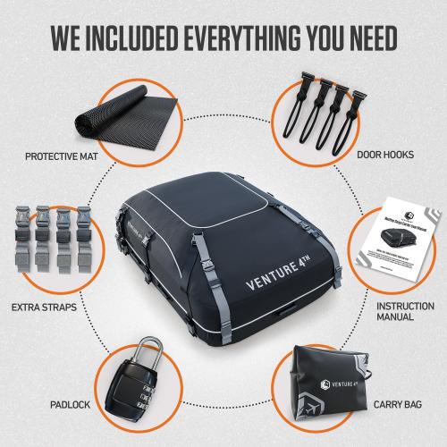 Color Black VENTURE 4TH Rooftop Cargo Carrier -  Waterproof Car Roof Cargo Bag with Tie-Down & Compression Straps, Fits Most Vehicles with or Without Roof Racks, Sidebars & Crossbars