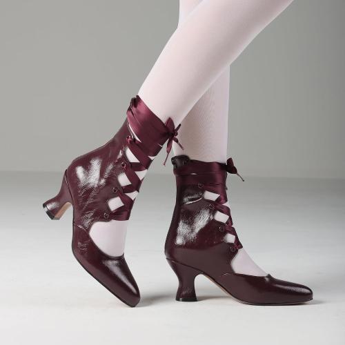 SaraIris Women's 6.5 Dark Red And Black Mary Janes Kitten Heel Round Toe Ankle Strap Lace Up Shoes
