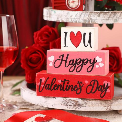 Huquary 3 Pcs Farmhouse Valentine's Day Tiered Tray Decor Table Sign Pink Theme Wood Decorations Valentine's Day Centerpiece Decor for Party Gift Desk (Fresh Style)