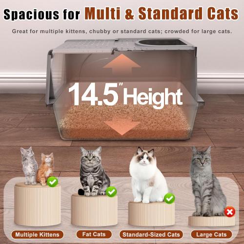Grey 23.6 L × 15.7 W × 14.5 H Stainless Steel Cat Litter Box with Lid, 180° Flip Top XL Enclosed Litter Box with Trapping Mat & Metal Scoop, Front Top Dual Entry Steel Extra Large Cat Litter Pan