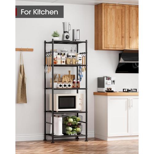 Sakugi Storage Shelves - 5-Tier Large Capacity Shelf Organizer with Hooks, Heavy-Duty Garage Shelving with Leveling Feet, Wobble-Free Rack for Bedroom, Balcony, Garage, Black