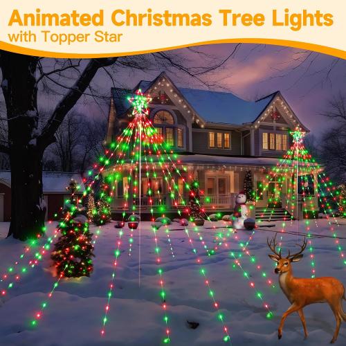 Ollny Christmas Lights Tree Red&Green 340LED with Topper Star, IP67 Waterproof Remote Control Waterfall Lights with Pole, 16 Lighting Modes Timer Dimmable Light Decorations Outdoor Yard Garden Lawn
