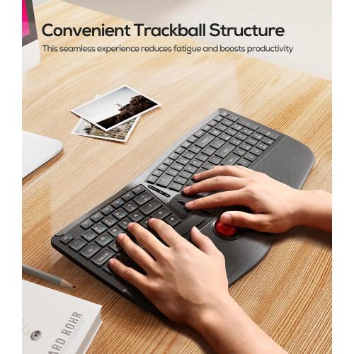 Nulea RT07 Wireless Ergonomic Trackball Keyboard - Bluetooth and 2.4G USB Connectivity, Natural Typing, Wrist Rest,Split Keyboard, USB-C Rechargeable,Compatible with Mac/Windows