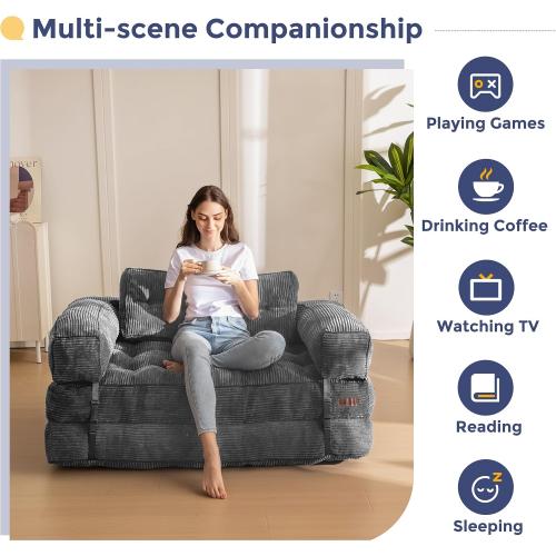 MAXYOYO Folding Sofa Bed, L-Shaped Convertible Sofa Bed with Armrest Foldable Sleeper Couch with Pillow, Portable Fold Out Chair Comfy Floor Couch Lounge for Living Room Bedroom, Dark Grey, Double