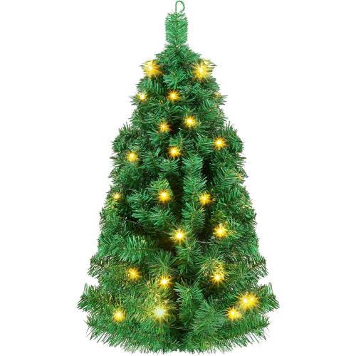 Poen 35 Inches Wall Mounted Christmas Tree - Artificial Xmas Tree with 50 LED Lights and Battery Case - Lighted Wall Decor for Home, Office, Apartment, Party Decorations