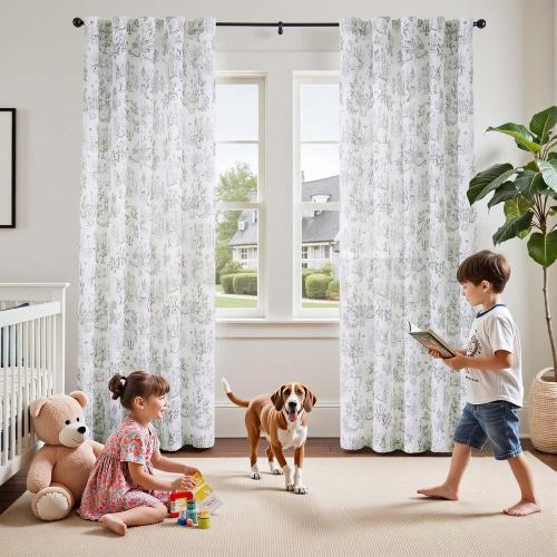 jinchan Linen Nursery Curtains 96 inch Long Woodland Wildlife Sage Green Print Drapes for Kid's Room Light Filtering French Country Farmhouse Curtains with Bunny and Forest Design Set of 2 Panels