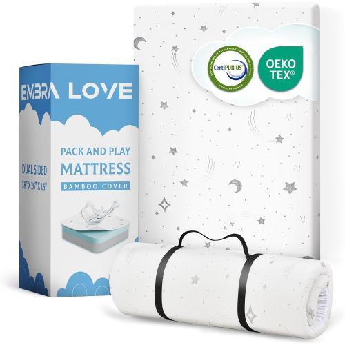 Pack n Play Mattresses (38x26x1.5) Bamboo Cover,Breathable,0 Waterproof,Non-Toxic,Washable I Dual-Sided Gel Memory Foam I Toddler&Baby Pack and Play Mattress Pad Fits Playard&Playpen