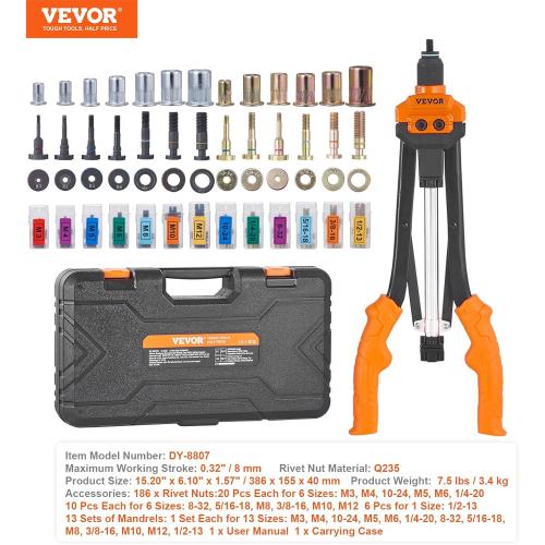 VEVOR Rivet Nut Tool, 16 inch Rivnut Tool Kit with 13PCS Metric and SAE Mandrels, 186PCS Rivet Nuts, Semi-auto Retraction, M3, M4, M5, M6, M8, M10, M12, 1/4-20, 5/16-18, 3/8-16, 1/2-13, 8-32, 10-24