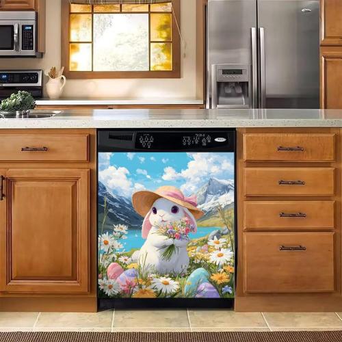 BVBOX Dishwasher Magnet Cover 23x26 Reusable Magnetic Refrigerator Covers Dishwasher Magnets Decorative Cover Fridge Door Skin Panel Stickers (Pink Hat Rabbit, 23 W x 26 H)