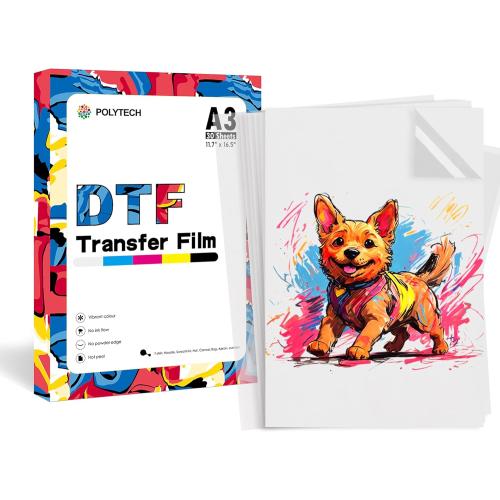 11x17 POLYTECH DTF Transfer Film - A3, 30 Sheets, 11X17'', DTF Film and DTF Paper, Hot Peel Double Matte, Direct to Film for EPSON Printer ET-8550, ET8500, XP15000, L1800, for DIY T-Shirt Transfers