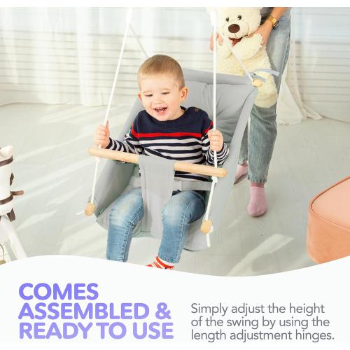 CaTeam Canvas Kids Swing, Wooden Hanging Seat Chair with Safety Belt, Durable Toddler Seat, Suitable for Outdoor and Indoor Use, Mounting Hardware Included, Gray Blue