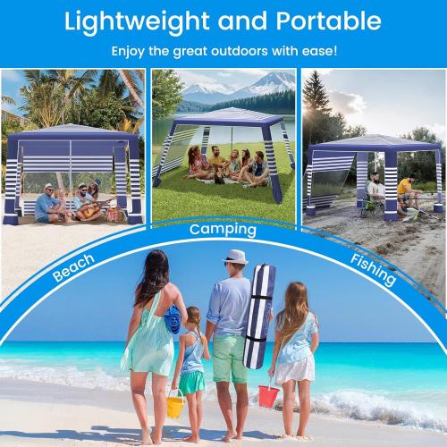 MoKo Beach Cabana, 8'×8' Large Beach Canopy with Side Wall, UPF 50  Protection Easy Setup Beach Tent Sun Shelter, Adjustable Height Wind Resistant Cabana Beach Tent for Whole Family, Navy Stripes