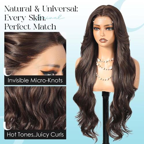 13x4 Glueless Body Wave Lace Front Wig Natural Hairline Pre-Cut Heat Resistant Synthetic Hair for Women Natural-Looking Hairline 30 Inch Dark Brown Highlight(#FS4/30)