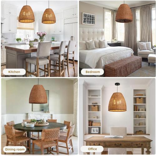 3-Light Dark Curry Rattan Pendant Light,16.54 Rustic Hanging Light,Brown Wicker Pendant Light Hand-Woven Rattan Chandelier for Workplace Restaurants Dining Living Kitchen Farmhouse