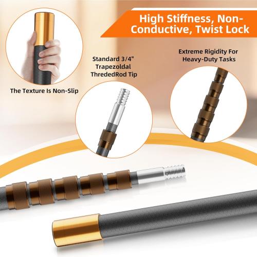 20FT Heavy-Duty Fiberglass Telescopic Extension Pole - High Stiffness, Non-Conductive, Twist Lock for Electrical Rescue, Indoor Cleaning, Pool Washing,Paint,Boat Hooks&Flags- Universal Threaded Tips