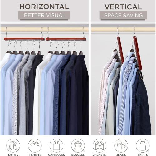 4 Pack Beechwood MORALVE Space Saving Hangers for Closet – 4 Pack European Beechwood 6-Tier Shirt Organizer with 360° Swivel Hook – Collapsible Clothes Hanger for Closet Organization (Hangers Not Included)