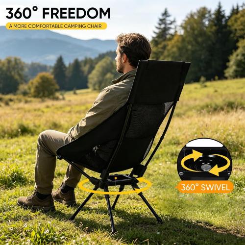 Swivel Portable Camping Chair, High Back Folding Chair with Detachable Pillow, Compact Lightweight Backpacking Chair for Outdoor, Travel, Beach, Hiking, Support 330 LBS, 1 Pack Black