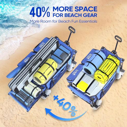 Blue Beach Wagon with Big Wheels for Sand, Extra Large Beach Cart with All-Terrain Balloon Wheels, Heavy Duty Folding Wagon, Adjustable Handle, for Outdoors & Fishing