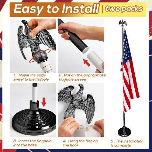 Shimeyao 2 Pack 8 ft Indoor Flag Pole Set with Base and Eagle Topper Telescoping Heavy Duty Flagpole with Stand Holder for Office Hall City, American Flag Not Included(Black,Aluminum)