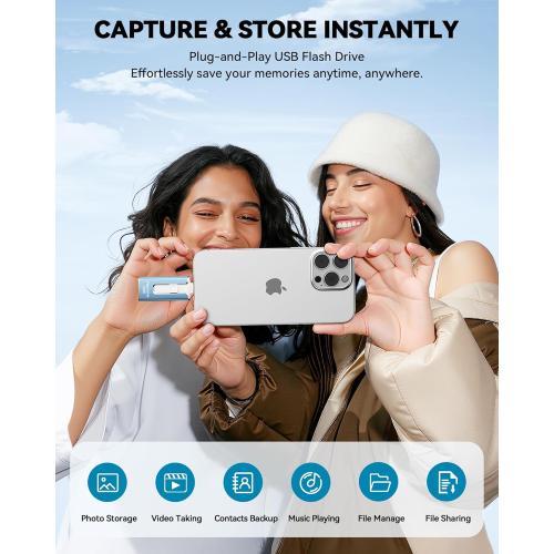 MFi Certified Flash Drive for iPhone iPad 256GB, Photo Stick for External Memory Storage, Easily Back Up and Save Photos Videos, USB Memory Stick Thumb Drive for iPhone/iPad/Android/PC (Sky Blue)