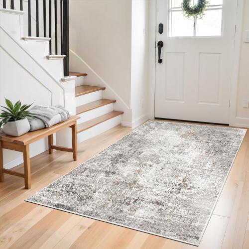 Washable 3x5 Entryway Rug - Non-Slip Soft Low-Pile Thin Small Area Rugs for Kitchen Bedroom Living Room Hallway – Modern Abstract Neutral Door mat Indoor（Beige Grey）