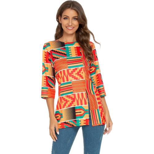 Medium, Afibi Womens Print Shirt African Dashiki 3/4 Sleeve Boho Loose Tunic Tops