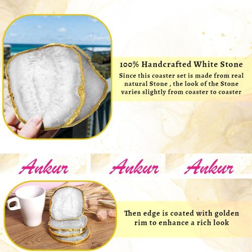White Natural Sliced Agate Coasters Set of 4 Brazilian Natural Gemstone Coasters with Gold Rim