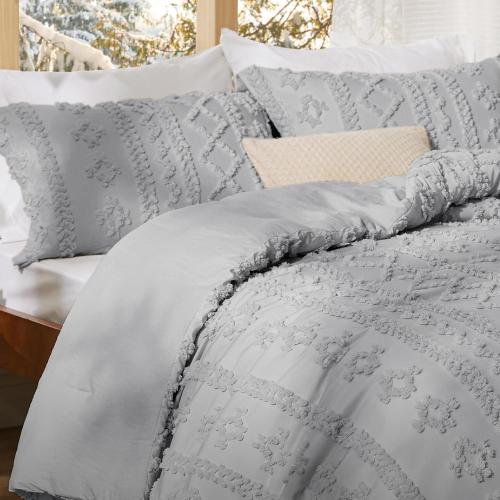 90X90 size Bedsure Tufted Boho Comforter Set90x90 Size - Light Grey Boho Bed Set, GentleSoft™ 3 Pieces Farmhouse Shabby Chic Embroidery Bedding, Gifts for Woman, Soft Jacquard King Comforter for All Seasons