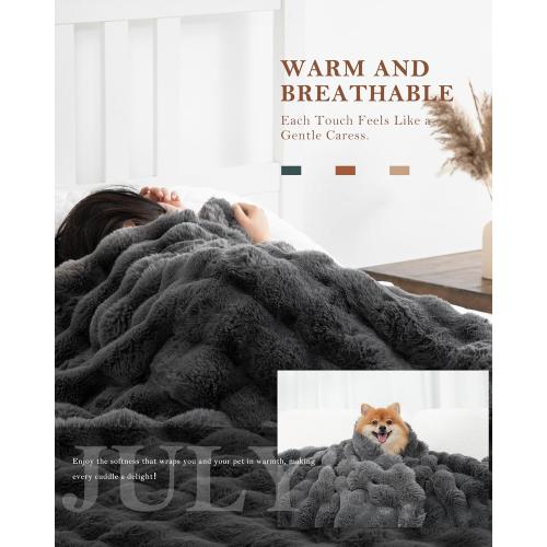 July Warm Bubble Faux Fur Throw Blanket, Thick Reversible Fleece Throw Blanket for Bed, Couch, Sofa, Luxury Fuzzy Blanket, 60x70, Tye Dye Blue