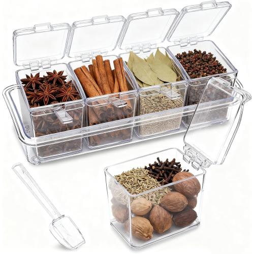 Clear Seasoning Box, 4 Pieces Seasoning Rack Spice Pots, Storage Container Condiment Jars Acrylic Seasoning Box with Covers and Spoons for Spice, Sugar, Salt, Sugar, Cardamon, Cinnamon