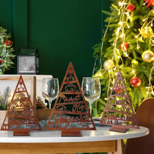 Huwena 3 Pcs Christmas Nativity Scene Table Ornament Vintage Jesus Nativity Set Rustic Farmhouse Holiday Wood Tree Wooden Christmas Tree Tabletop Decoration for Home Tiered Decor Xmas Signs (Novel)